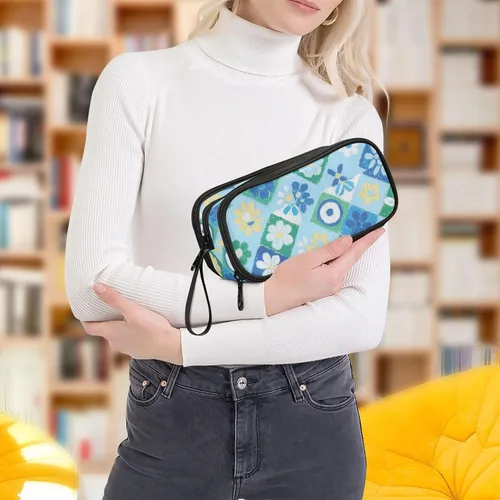 Vista 7 de Bolsas de lápices de nailon para niñas, flores de cerezo azul japonés, gran capacidad, estuche para lápices universitarios, organizador de papelería