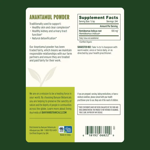 Vista 4 de Banyan Botanicals Anantamul Powder - Sarsaparilla india orgánica (Hemidesmus Indicus) - Suplemento orgánico refrescante y calmante para la piel*