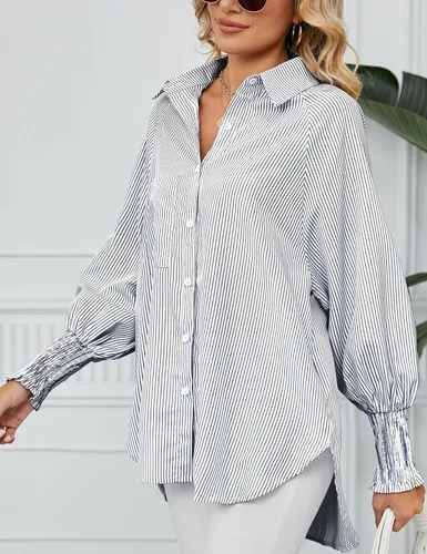 Vista 5 de Camisas a rayas con botones para mujer, blusa elegante con cuello en V y manga larga