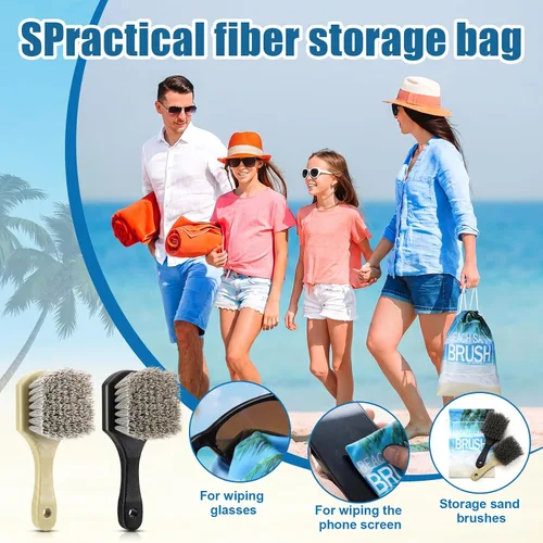 Vista 2 de Remerry 2 cepillos removedores de arena de playa con bolsa de cordón, accesorios de playa, cepillos para limpiar cerdas suaves para vacaciones