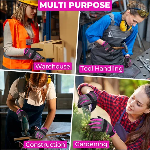 Vista 6 de HANDLANDY Guantes de trabajo para mujer, guantes de jardinería de cuero transpirable para mantenimiento de patio, protección de manos con pantalla