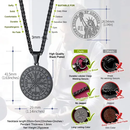 Vista 4 de FaithHeart Collar con colgante de medalla vikinga nórdica, brújula nórdica de acero inoxidable, joyería de runa valknut para hombres y mujeres