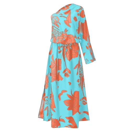 Vista 4 de Vestido corto fruncido con estampado floral para mujer, con un hombro, manga mariposa, dobladillo asimétrico y frente envolvente, vestidos de fiesta