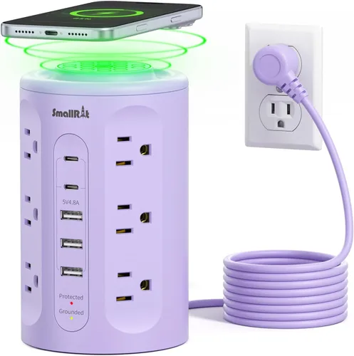 Vista 10 de Torre de regleta de protección contra sobretensiones con 5 puertos USB y luz nocturna, cable de extensión de 10 pies con 12 tomas de corriente Negro