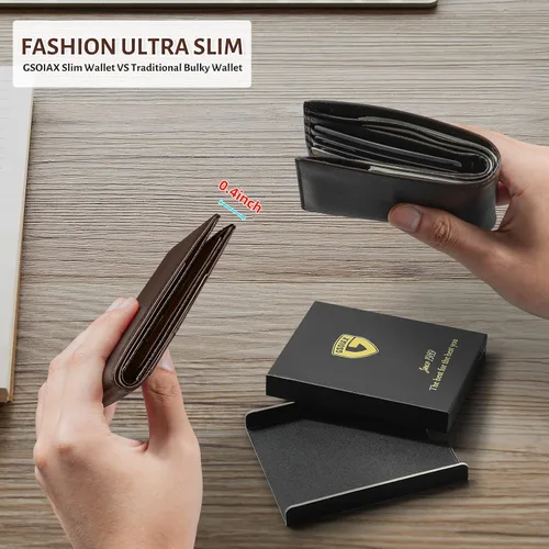 Vista 35 de GSOIAX Cartera delgada de cuero plegable RFID para hombre, billetera minimalista con bolsillo frontal con clip para dinero, 12 ranuras para Negro