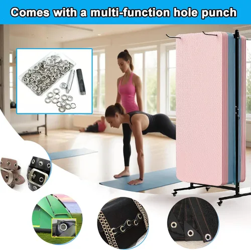 Vista 3 de Soporte para tapete de yoga colgante, carrito de esterilla de yoga rodante, estante de almacenamiento de gran capacidad, con perforador, estante