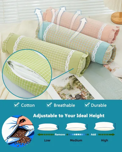 Vista 4 de Almohada Cilíndrica de Cuello de Trigo Sarraceno, 15.7"x4.7" Relleno de Cáscara Ajustable para Soporte Cervical, Almohada Ergonómica de Rodillo