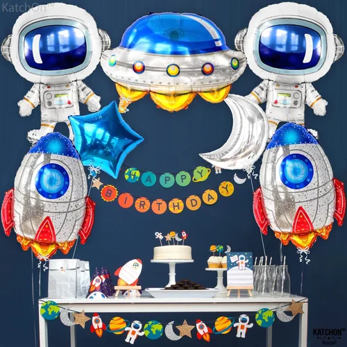 Vista 3 de Katchon, Juego de decoraciones de cumpleaños de gran espacio, 37 pulgadas, paquete de 7, globos de cohete, globos de astronauta para decoraciones