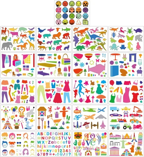 Vista 3 de Juego de 21 plantillas de dibujo para niños de más de 300 patrones diferentes para dibujar historias infantiles imaginativas, plantillas lavables