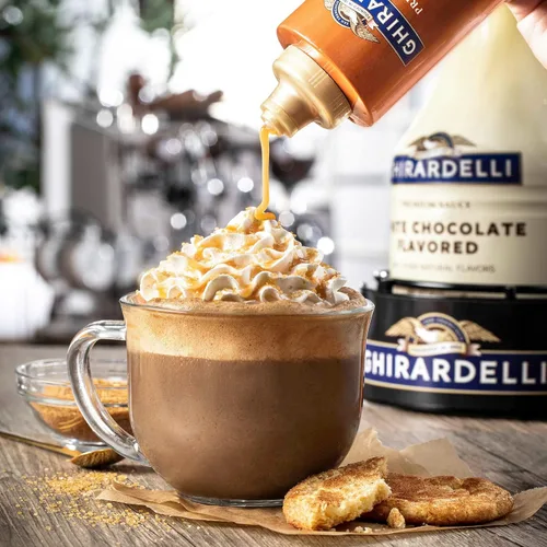 Vista 8 de Ghirardelli Salsa de caramelo, botella de 87.3 onzas (5 libras 7.3 onzas) con cuchara y bomba de barista estampada Ghirardelli