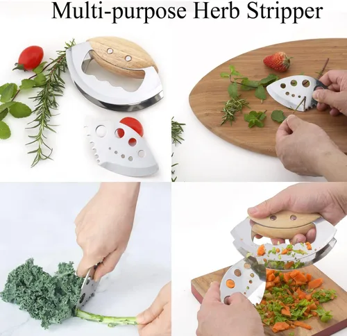 Vista 5 de Herramientas picadoras de ensalada con cubierta protectora, cuchillo de corte afilado Mezzaluna, doble hoja, cuchillo balancín de acero inoxidable
