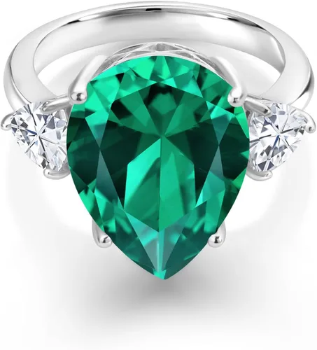Vista 2 de Gem Stone King Anillo de 3 piedras de moissanita blanca y nano esmeralda verde de 9.19 quilates para mujer en plata de ley 925 Forma de pera 0.630