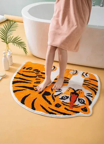 Vista 2 de Alfombra de baño de animales con forma de tigre, bonita y suave, para dormitorio, baño, cocina, suelo, absorción de agua, antideslizante, alfombra