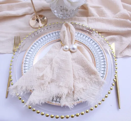 Vista 2 de Servilletas de tela con juego de 6 servilletas de gasa con flecos, 100% algodón natural suave, servilletas lavables, ideales para bodas