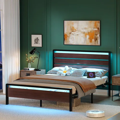 Vista 22 de VINGLI Base de cama de plataforma individual con cabecero y estribo LED, estación de carga USB, cama de panel de metal con espacio de almacenamiento