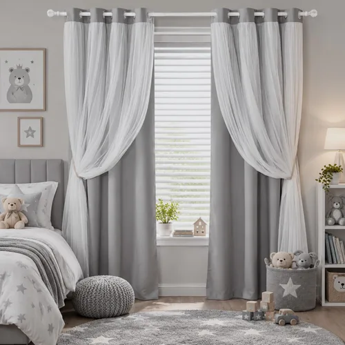 Vista 12 de Beige Blackout Curtains with White Sheer Overlay for Bedroom/Living Room
