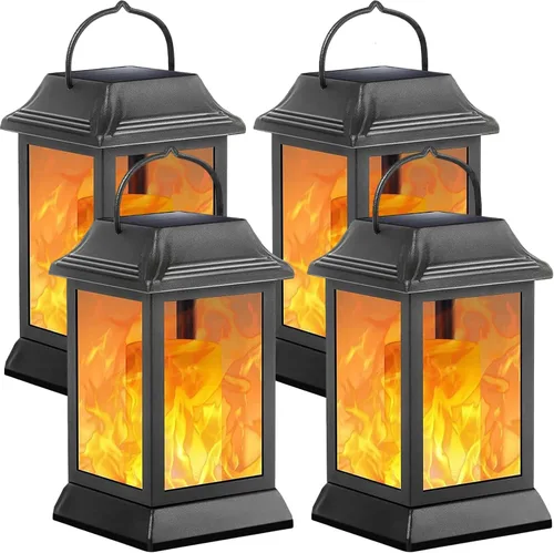 Vista 14 de TomCare Luces solares de metal con llama parpadeante para exteriores, faroles colgantes para exteriores, iluminación decorativa, funciona