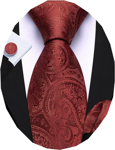 Vista 47 de Barry.Wang Conjunto de corbatas para hombre, seda con diseño de cachemira, corbata tejida formal con pañuelo de bolsillo y gemelos Un Burgandy