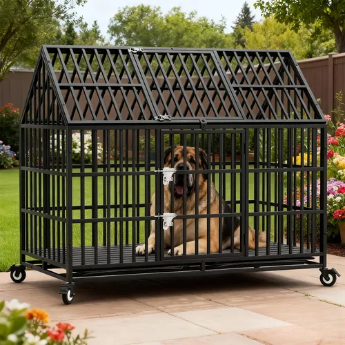 Vista 2 de Jaulas resistentes de 54 pulgadas para perros grandes, jaula indestructible a prueba de escapes con ruedas bloqueables, doble puerta de alta