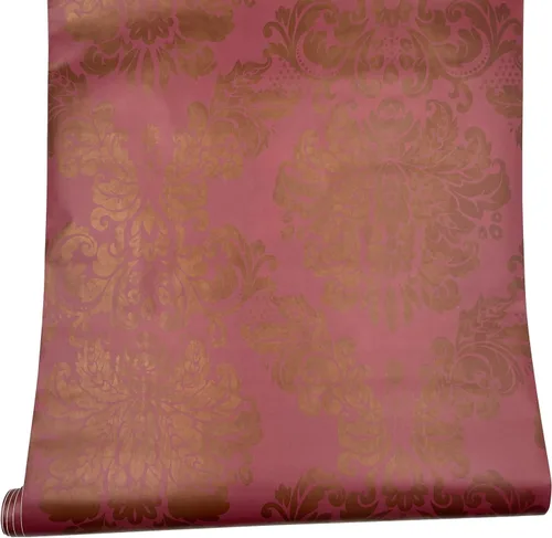 Vista 13 de Yifely Papel autoadhesivo 17.7x118.1 in de los muebles del PVC del trazador de líneas del cajón del estante del damasco dorado rojo