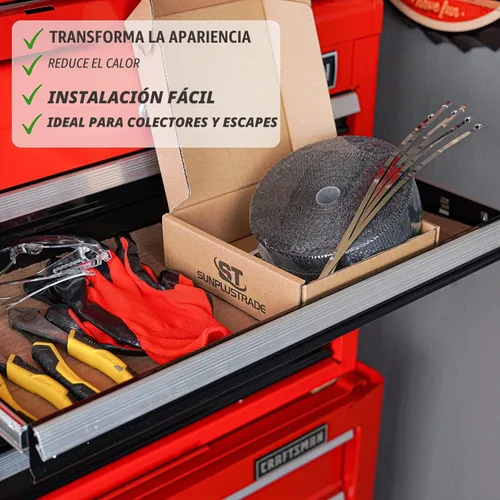Vista 5 de SunplusTrade Envoltura térmica negra para colector de escape de 2" x 50' para motocicletas y automóviles, protector térmico con abrazadera de acero