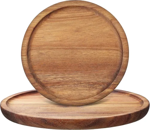 Vista 3 de STOBAZA Bandejas decorativas de madera de acacia para mesa auxiliar, juego de 2 bandejas redondas de madera para centro de mesa, bandeja para velas
