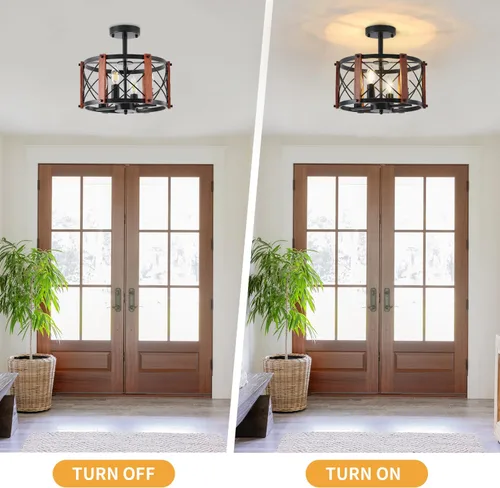 Vista 7 de Lámpara de techo semiempotrada rústica de 4 luces, 12.57 pulgadas, moderna, para entrada, pasillo, lámpara de cocina con tambor de madera de roble