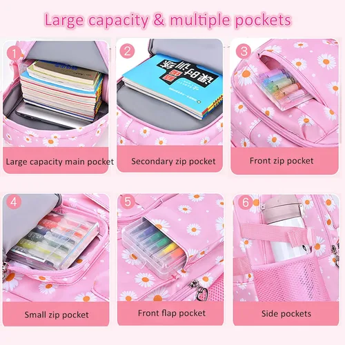 Vista 7 de Mfikaryi Mochilas con estampado de margaritas para niñas, 3 piezas, con lonchera, Gris, Moda