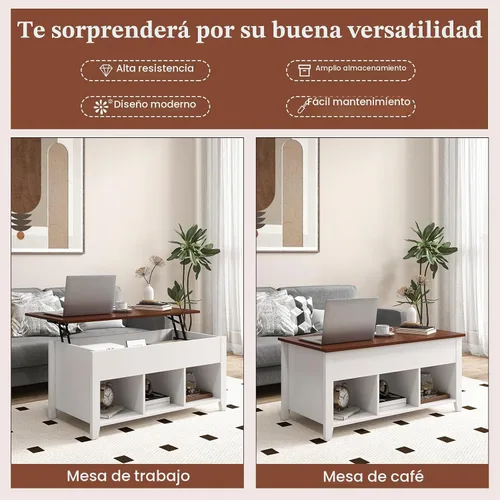 Vista 9 de Tangkula Mesa de centro de madera con tapa elevable, almacenamiento de té moderno con compartimento oculto y estante de almacenamiento abierto