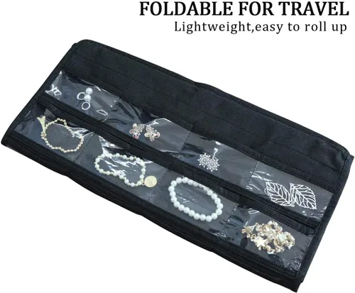 Vista 4 de Organizador colgante de doble cara para joyas, soporte para herramientas pequeñas con 80 bolsillos transparentes (negro)