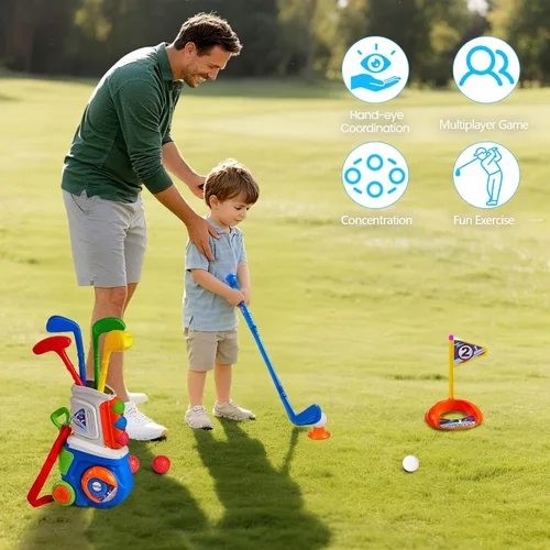 Vista 4 de PJG Juego de golf para niños pequeños, palos de golf de plástico para niños de 1, 2, 3, 4, 5 años con 4 palos de golf y 10 pelotas, juguetes de golf