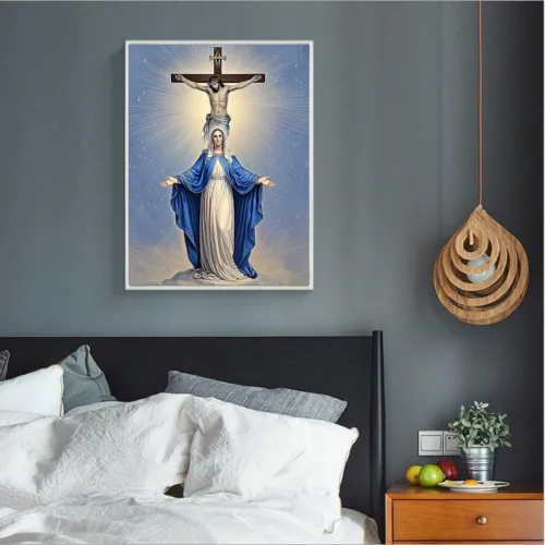 Vista 5 de MaiYiYi Pintura de diamantes de Jesús por números, taladro redondo completo 5D, pintura de diamantes con puntada de Virgen María, cruz religiosa
