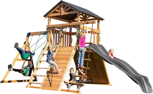 Vista 2 de Juego de columpio Backyard Discovery Endeavor de madera de cedro con tobogán de ola, plataforma de juego, doble pared de roca, escalera de cuerda