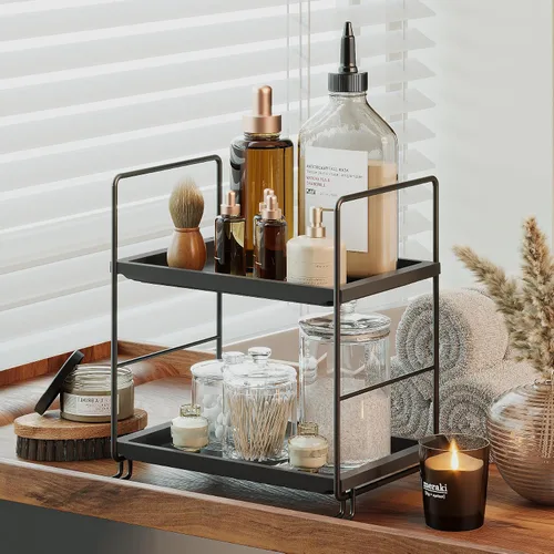 Vista 3 de NLBTW Organizador de encimera de baño de 2 niveles, de plástico grueso, organizador de perfumes para el cuidado de la piel para tocador, instalación