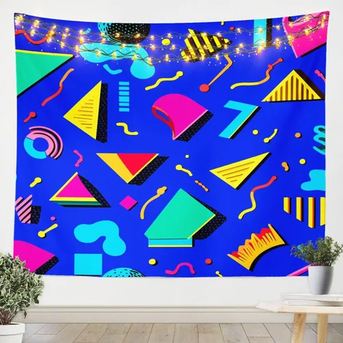 Vista 9 de Tapiz retro de los años 80 y 90, tamaño pequeño de 51 x 59, tapices geométricos abstractos urbanos modernos y colgantes de pared triangulares, arte