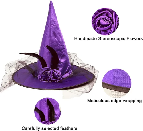 Vista 4 de Sombrero de bruja de Halloween con malla de encaje suave, flor de rosa y pluma, accesorio de disfraz de Halloween, sombrero de bruja
