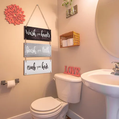 Vista 2 de Jetec Decoración de pared para el baño, cartel de reglas de baño, arte de pared, cartel familiar para colgar, cartel de madera divertido, decoración