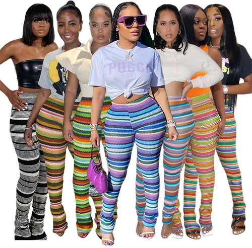 Vista 2 de Atyfuniby Pantalones apilados para mujer Pantalones deportivos de cintura alta de punto a rayas para club urbano