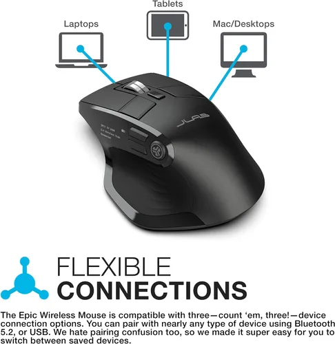 Vista 2 de JLab, Ratón épico, inalámbrico, Bluetooth, multidispositivo, pantalla OLED, tamaño completo