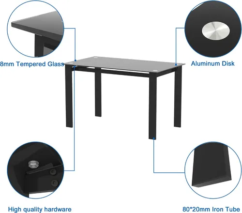 Vista 4 de Mesa de comedor rectangular de vidrio templado con patas de metal, color negro, 52 x 27.6 pulgadas x 29.5 pulgadas de alto