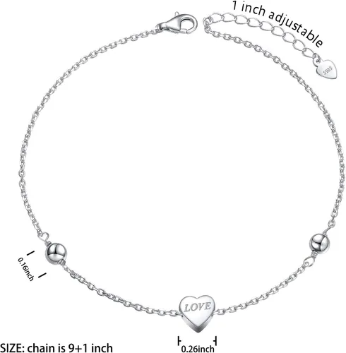 Vista 4 de Ladytree Tobillera para mujer de plata de ley 925 ajustable con cuentas de corazón y circonita cúbica