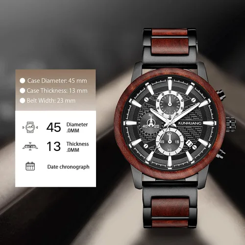 Vista 5 de IK COLOURING Relojes de madera para hombre, cronógrafo de cuarzo multifuncional y reloj de visualización de fecha para hombre, reloj de pulsera