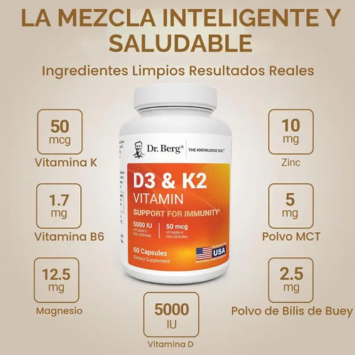 Vista 5 de Dr. Berg 7 en 1 Vitamina D3 K2 5000 UI D3 de origen natural 4 veces probado en laboratorio y verificado Fórmula de alta absorción Suplemento