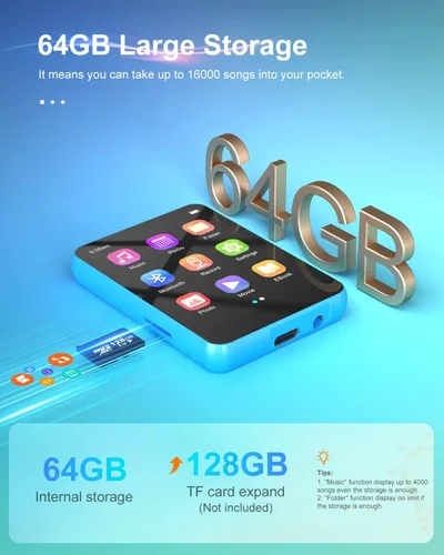 Vista 2 de Reproductor MP3 de 64 GB con pantalla táctil completa de 2.4", reproductor de música con Bluetooth 5.3, reproductor de música portátil con calidad