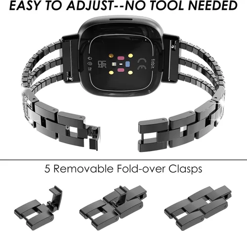 Vista 4 de FULLIFE Compatible con Fitbit Versa 3/Fitbit Versa 4 con diamantes de cristal, correa de acero para Fitbit Sense/Fitbit Sense 2 para mujer