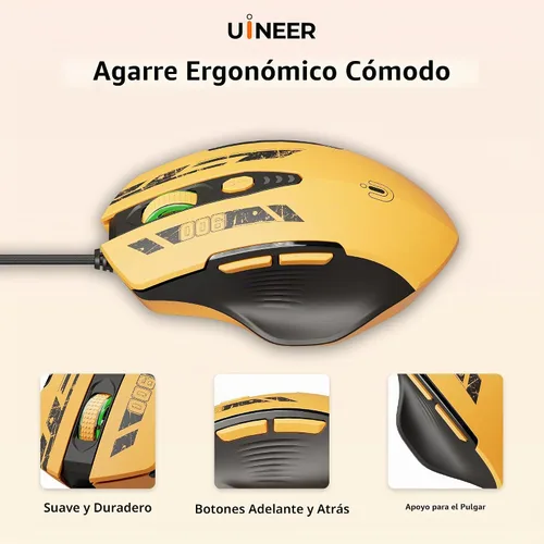 Vista 3 de Uineer Ratón para juegos con cable, ratón USB-A con 6 botones programables 2-Amarillo