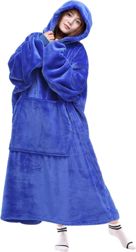 Vista 10 de Waitu - Sudadera tipo manta, para regalar a hombre o mujer, muy cálida y acogedora, gigantesca, con capucha, de gruesa franela, con mangas y un Negro