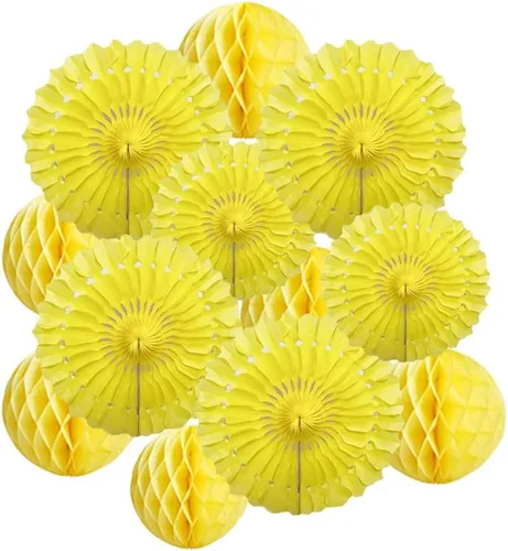 Vista 8 de 12 piezas de bolas de panal de 6 pulgadas y 8 pulgadas, abanicos de papel de seda, abanicos de bolas de panal para fiestas, decoraciones de pared