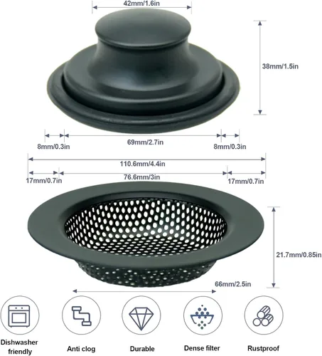 Vista 2 de RQYEKDO Kits de coladores de fregadero de cocina, juego de coladores de drenaje de fregadero de acero inoxidable, tapón de fregadero de gran