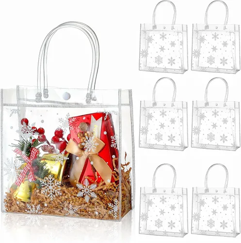 Vista 9 de Cholemy 24 bolsas de regalo de plástico transparente con diseño de copo de nieve de invierno con asas, bolsas de regalo transparentes